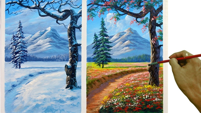 Acrylic Landscape Painting Tutorial, Winter and Spring