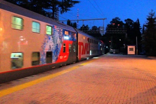 double-decker train Adler - Moscow arriving at Sochi